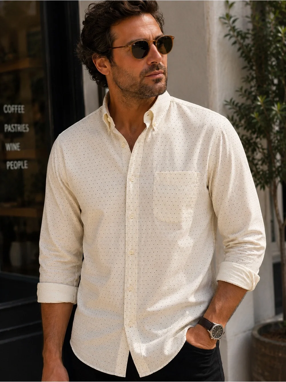 J. Crew Men's Cream Button-Down Shirt with Micro Dot Print